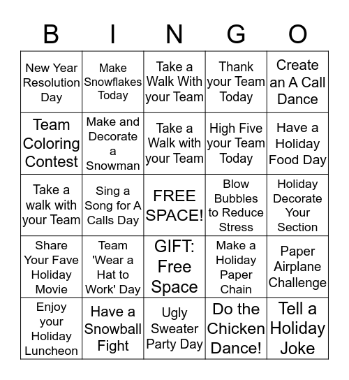Team Kelly BINGO - December Bingo Card