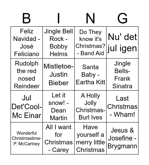 Christmas Songs Bing Bingo Card