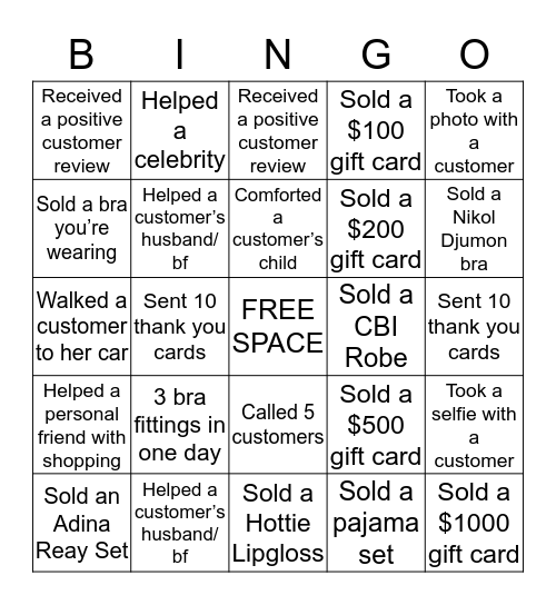 CBI Sales and Service Bingo Card