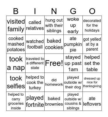 After Thanksgiving Break  Bingo Card