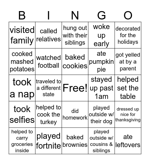 After Thanksgiving Break  Bingo Card