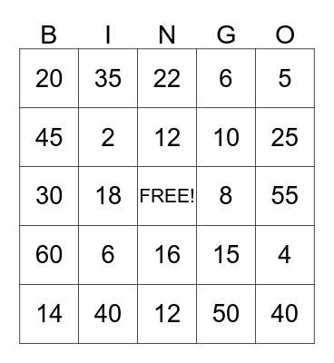 Multiplication BINGO Card