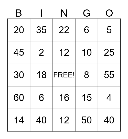 Multiplication BINGO Card