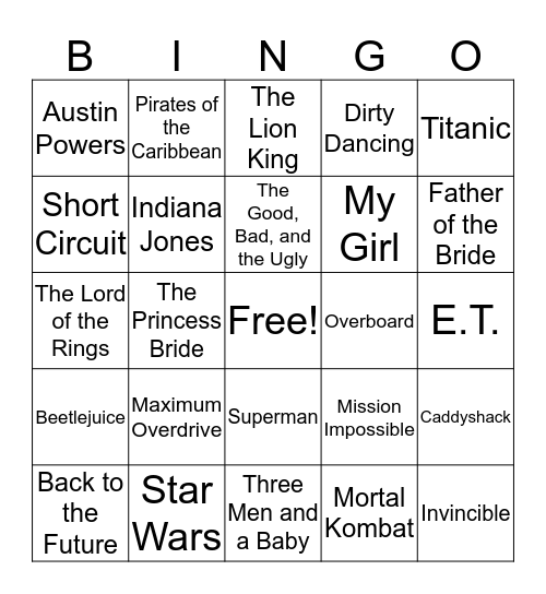 Movie Bingo 1 Bingo Card