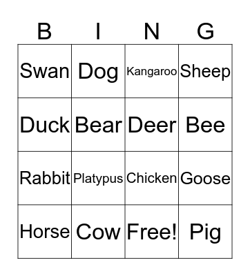 Animals Bingo Card