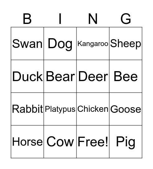 Animals Bingo Card