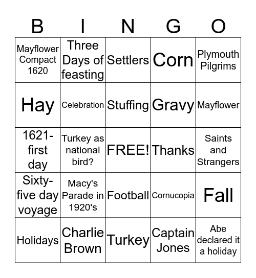 HAPPY THANKSGIVING!! Bingo Card