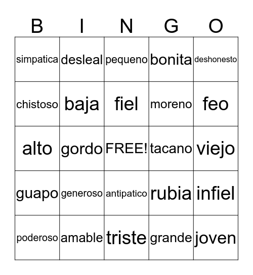 Bingo de Adjetivos Bingo Card