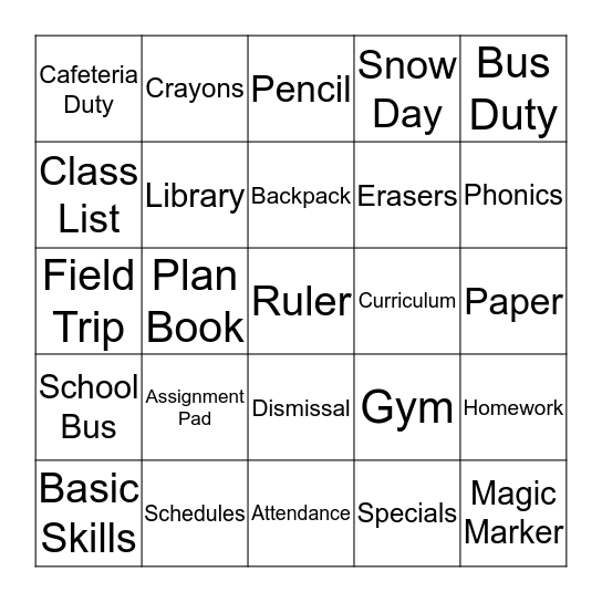 Teacher Stuff Bingo Card