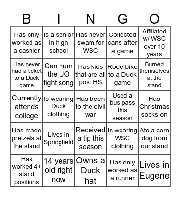 Duck Stand Bingo Card