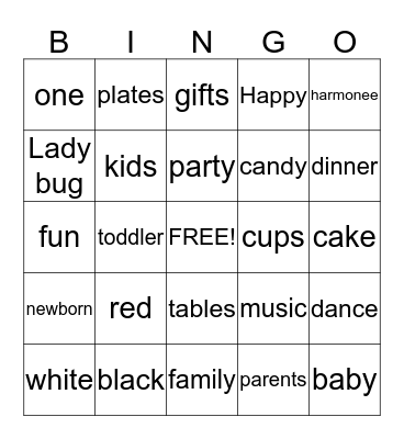 Harmonee's 1st Birthday Bingo Card