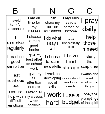 Self-Reliance Bingo Card