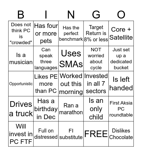 Aksia Private Credit LP Ice-Breaker Bingo Card