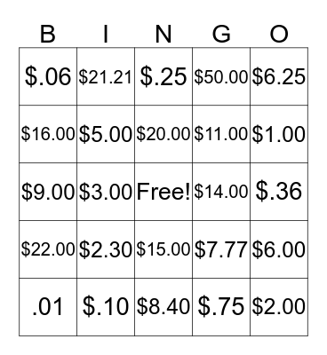 MONEY Bingo Card