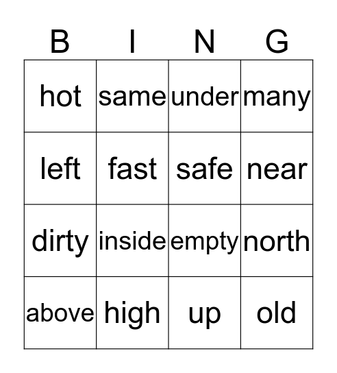 Opposites Bingo Card