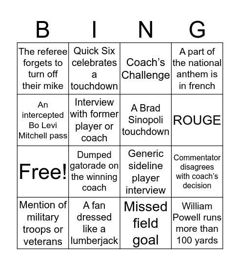 2018 Grey Cup Bingo Card