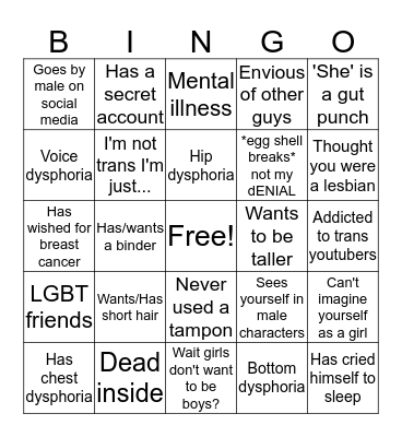 Trans Guy Bingo Card