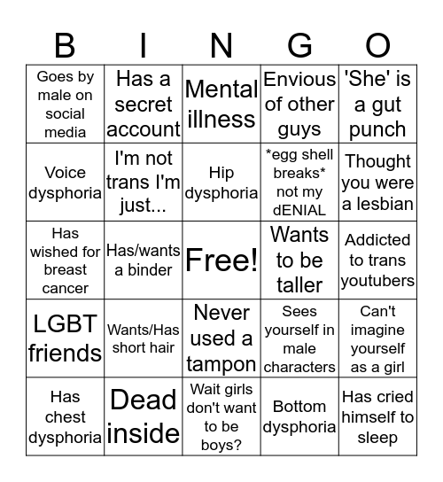 Trans Guy Bingo Card
