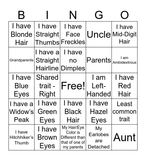 Human Traits Bingo Card