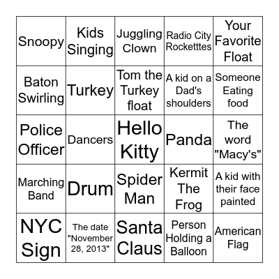 Macy's Thanksgiving Parade Scavenger Hunt Bingo Card