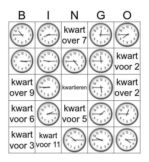 klokken kwart voor en kwart over woord en beeld Bingo Card