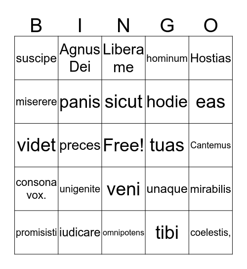 Latin Text Bingo Card