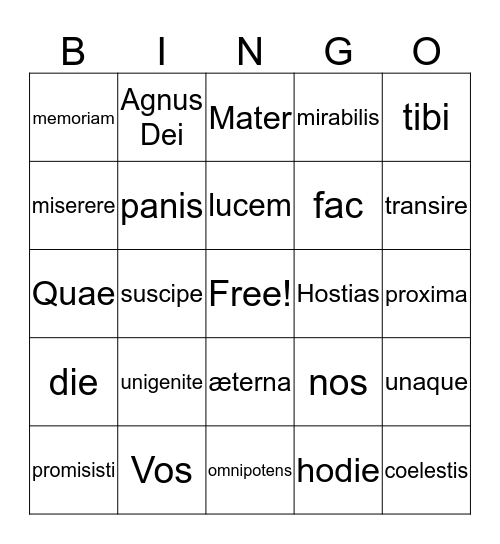 Latin Text Bingo Card