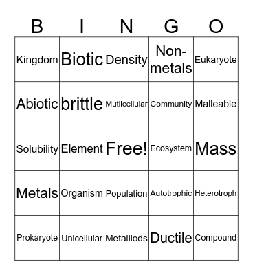 Science Review #1 Bingo Card