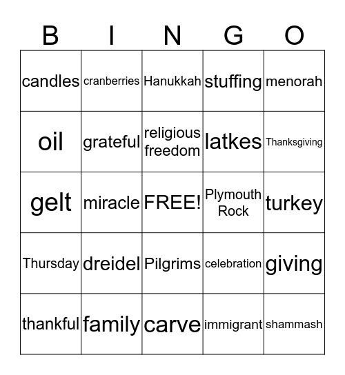 Thanksgiving/Hanukkah Bingo Card