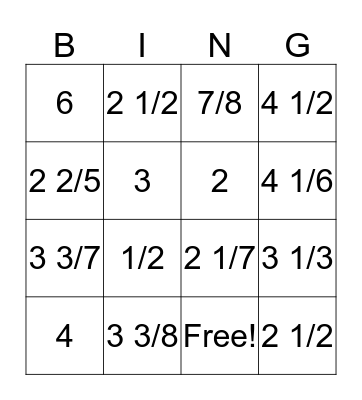 Multiplying a Fraction by a Whole Number Bingo Card