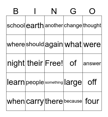 Sight Word Bingo Card