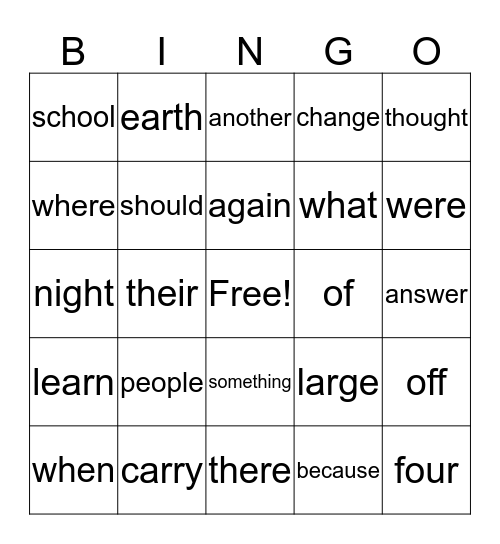 Sight Word Bingo Card