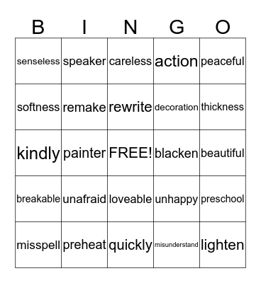 Prefix and Suffix  Bingo Card