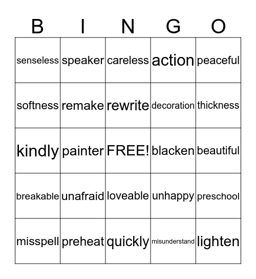 Prefix and Suffix  Bingo Card