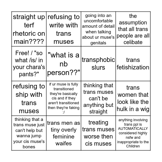 transphobia in the rpc Bingo Card