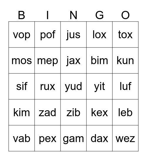 cvc nonsense words  Bingo Card