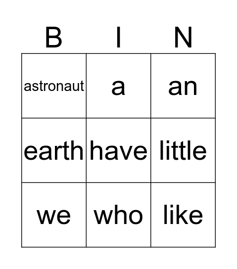 Words Bingo Card