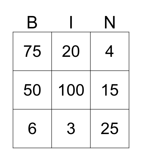 Percentage Bingo Card