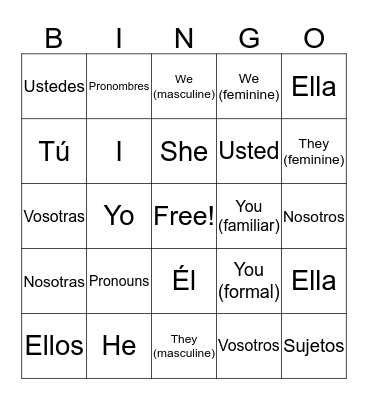 Spanish Subject Pronouns Bingo Card