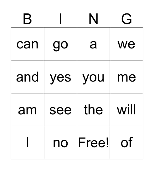 kindergarten sight words 1 Bingo Card