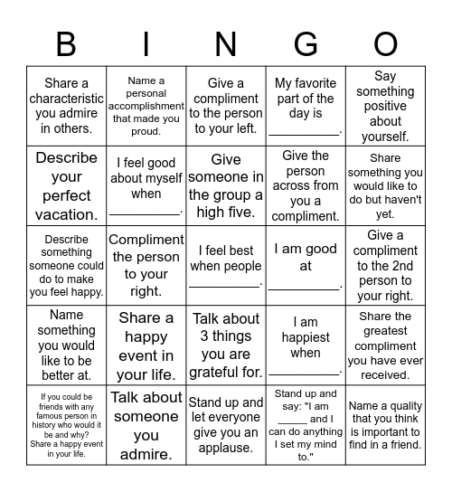 Self-Esteem Bingo Card