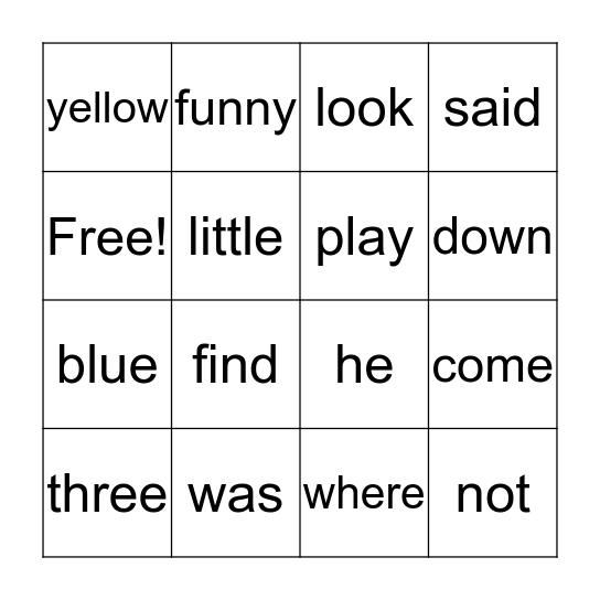 Sight Word Bingo Card