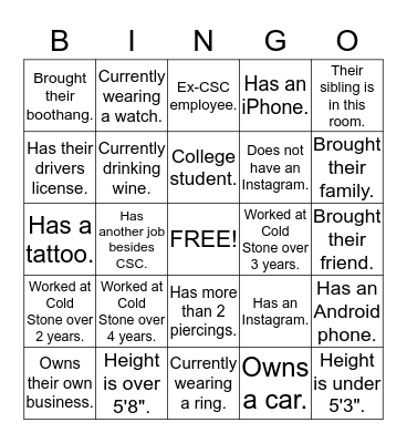 Cold Stone Thanksgiving BINGO Card