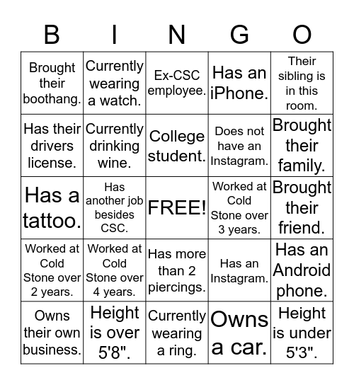 Cold Stone Thanksgiving BINGO Card