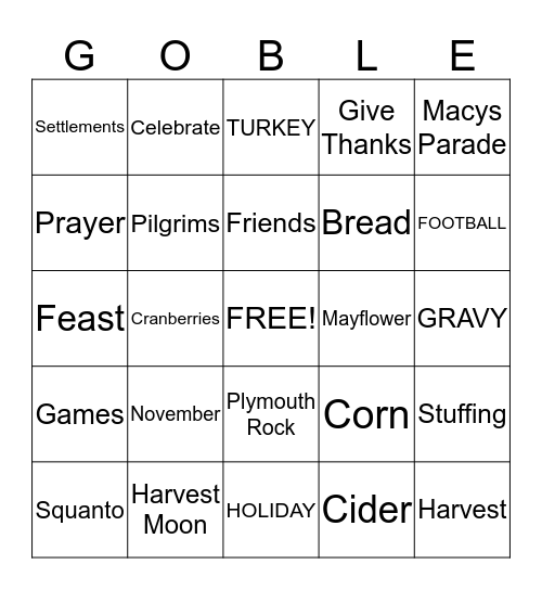 Thanksgiving BINGO Card