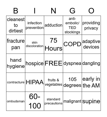 CNA Final Bingo Card