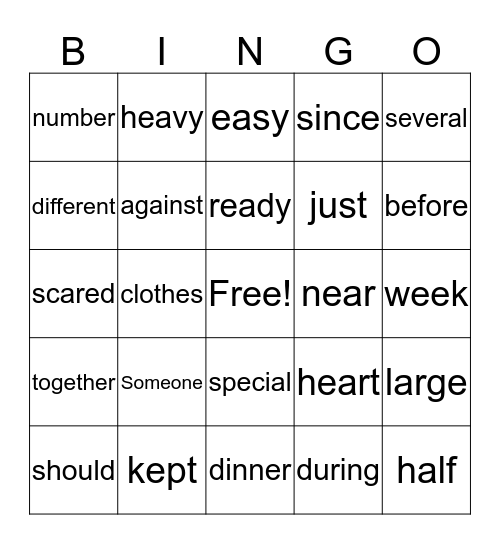 High Frequency Words Bingo Card