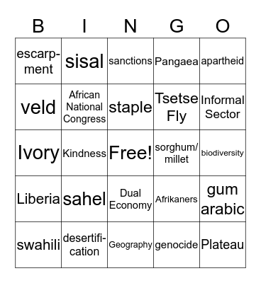 Sub Sahara Africa Vocabulary Bingo Card