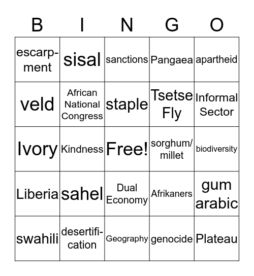 Sub Sahara Africa Vocabulary Bingo Card