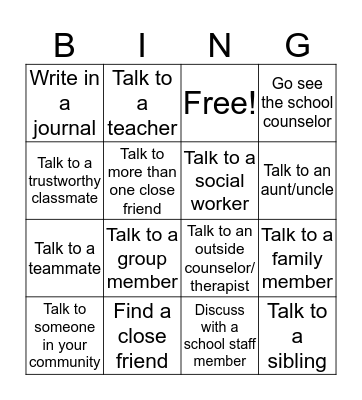 Social Support Bingo Card